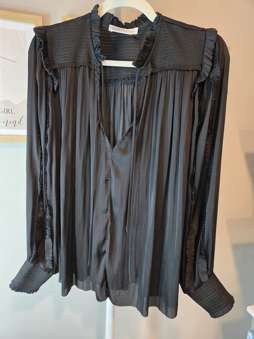 Smocked Yoke Black Ruffle-Trim Long-Sleeve Blouse